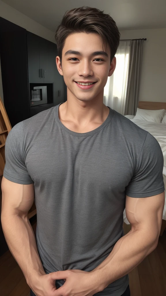((Highest quality, 8K, Masterpiece: 1.3))、Thailand Laos Burma Asia, Thai man, A handsome Asian rugby player with short hair, a muscular beard, and big muscles., 1A man who has、 yo、Good appearance、Beautiful nose、smile、 Detailed eyes and face、beautiful light、(studio)、high resolution、(Look at the viewer.)、Fine mouth、smile、whole body: 1.5, perfect shape: 1.3, Picture of both shoulders:1.3, Gray round neck t-shirt:1.5