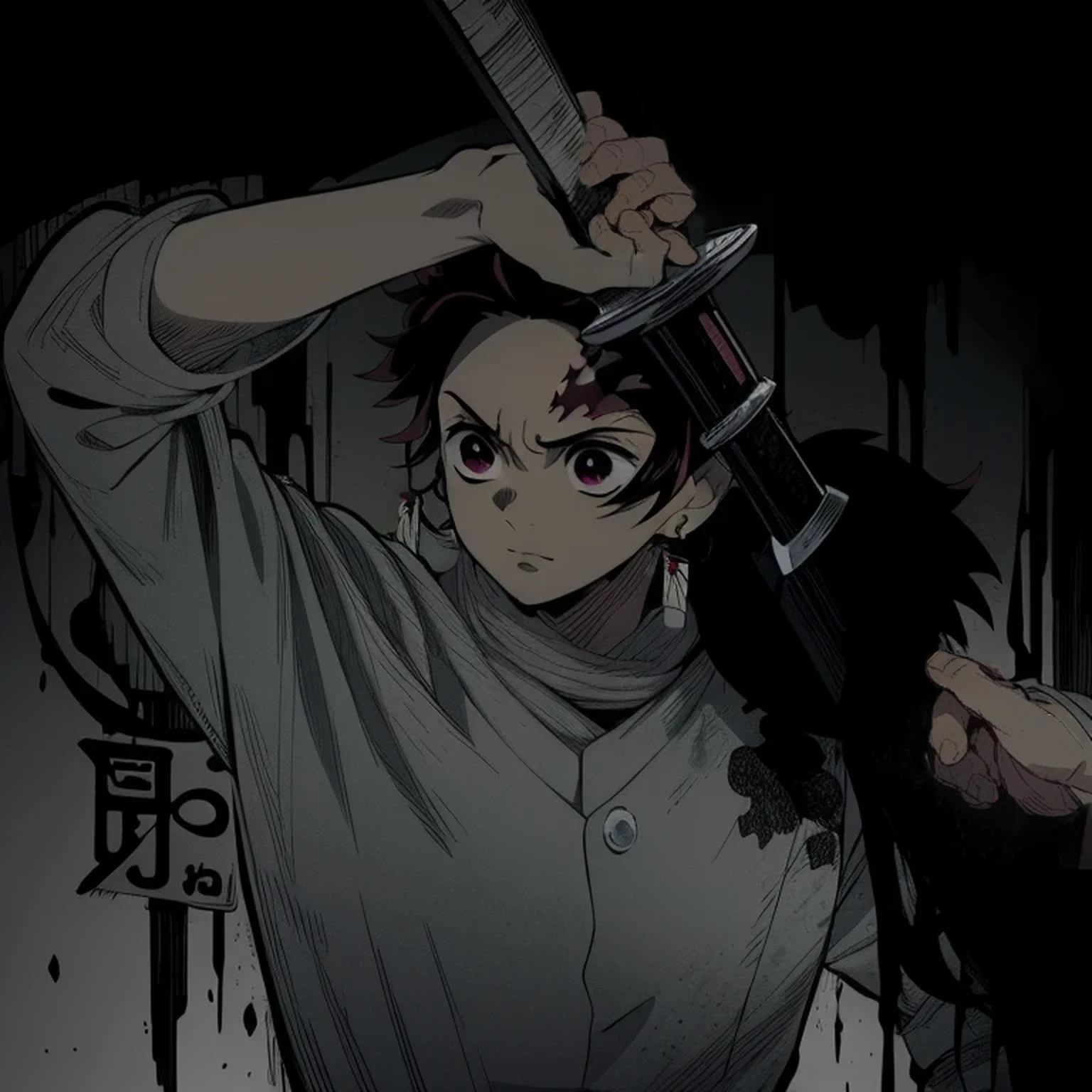 teen ager, Bblack hair, one eye black and the other yellow, kimono all torn and very faint purple in color, body scratches and bleeding, and holding a knife