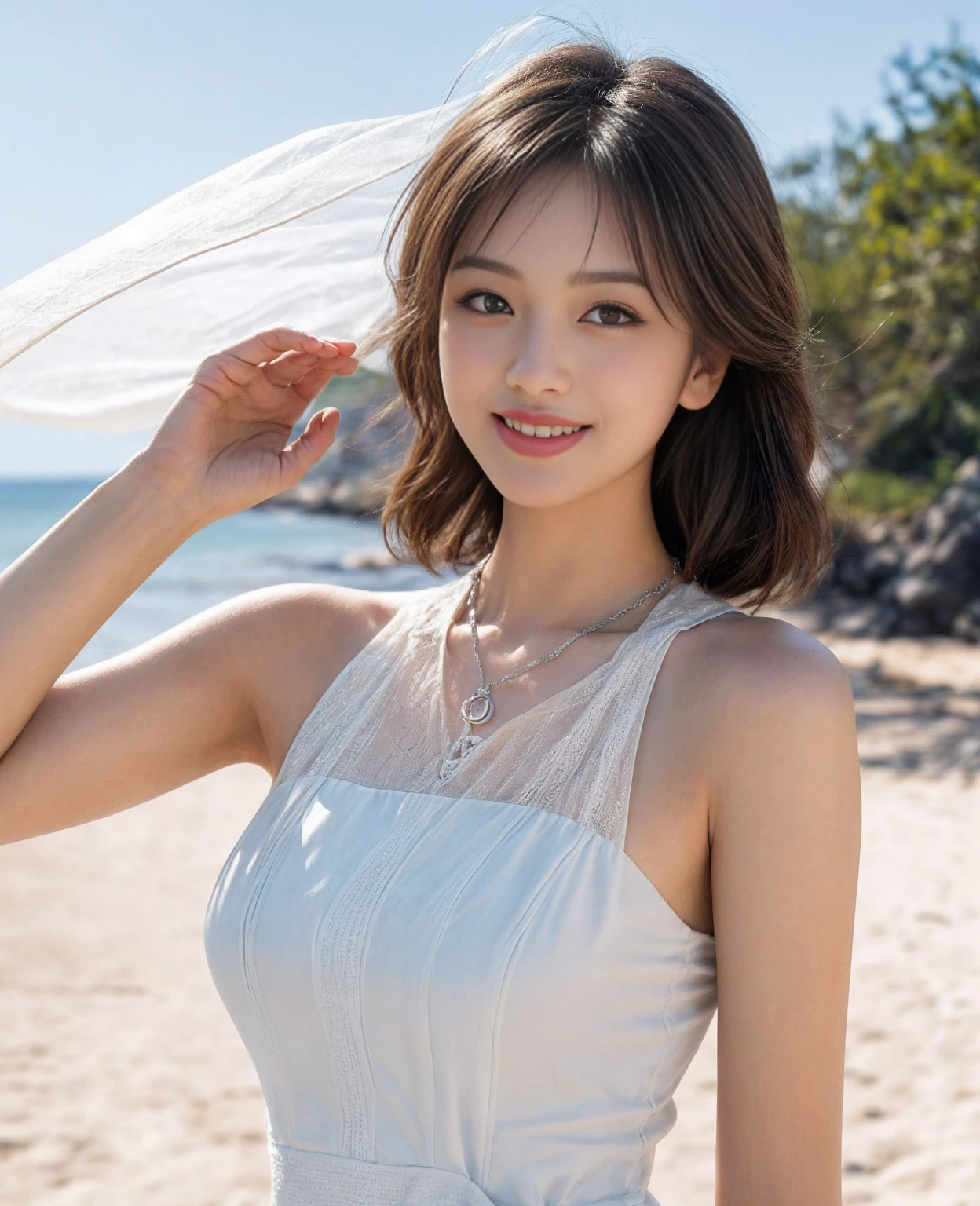 (highest quality、High resolution、masterpiece:1.3)、tall and cute woman、big and full breasts、loose wavy dark brown hair、exposed breasts、pearl earrings、necklace、floral micro bikini、(background coast:1.8)、Precisely expresses details such as face and skin texture、detailed eye、double eyelid、light smile、double teeth、short cut hair、Upper body、huge breasts、saggy breasts、clear white skin、white breast