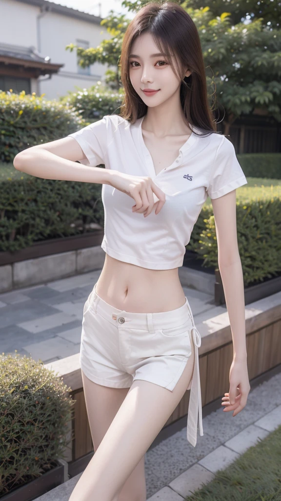 RAW, masterpiece, best quality, extremely detailed, 8k, HDR, photorealistic, intricate, A skinny Asian girl, she has an extremely slim body with narrow and small hips, long straight hair, wearing a short sleeves shirt and white underwear, smile, standing, outdoors 