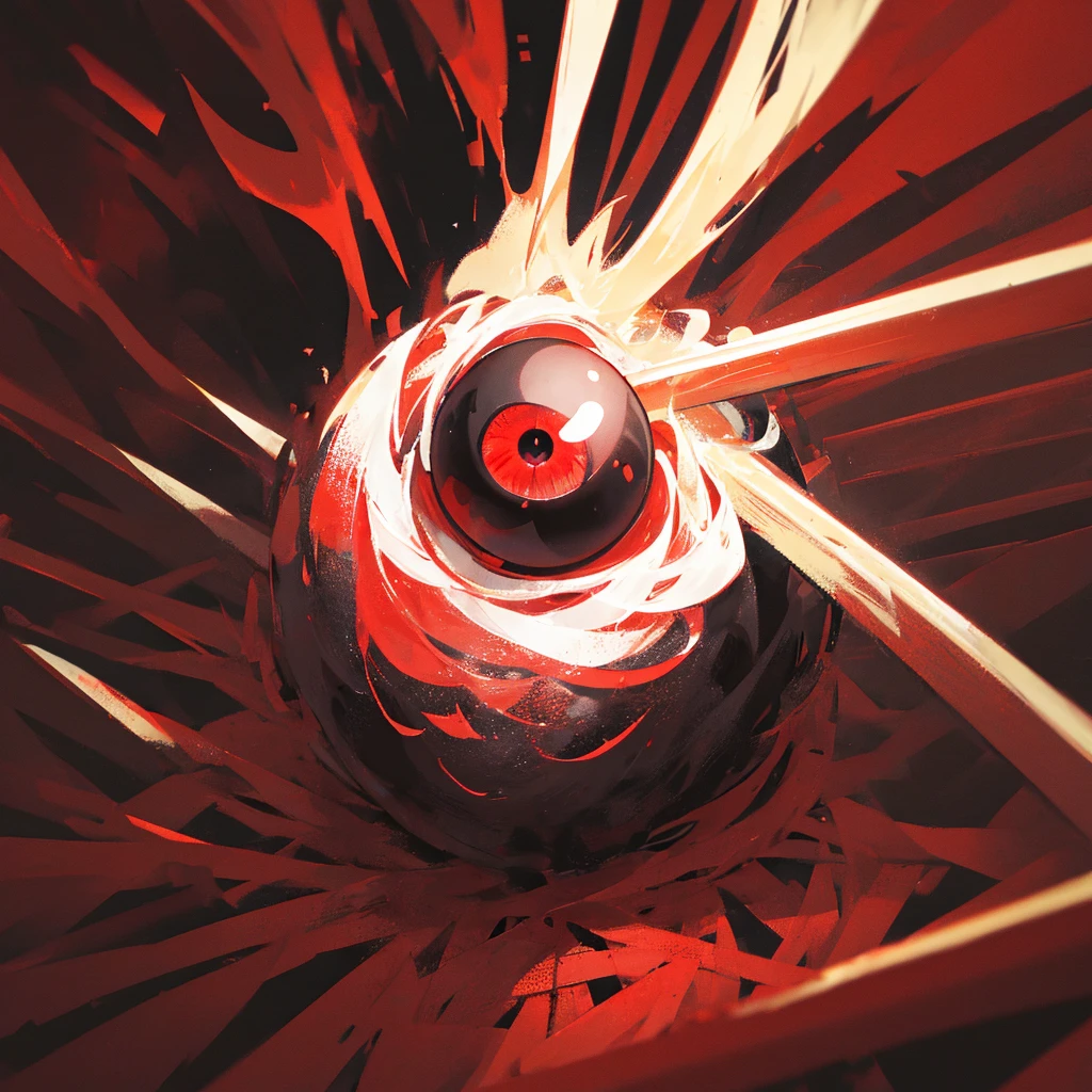 A huge red eyeball is floating on the ground,No one in the picture,dark,Dark,((Pure red background))