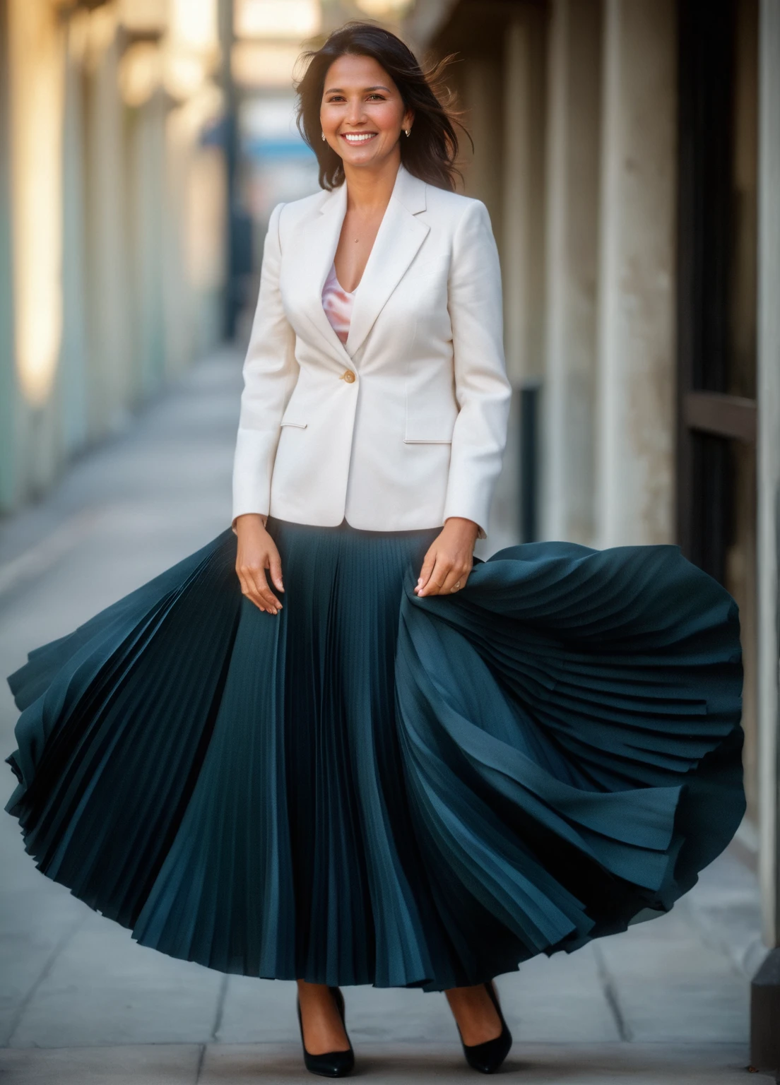 35mm f1.4 Kodak portra 400 photograph, extremely high quality RAW photograph, (a therapist is going to lovingly breastfeed you while wearing a long skirt:1.2), (shy) authentic (kind and tender) lesbian woman wearing a short blazer with a very very detailed (long (fully pleated) full circle skirt) and (simple) low heeled office shoes, very very intricate hyper-detailed symmetric (attractive graceful young feminine face) with (sad, tired) eyes and a (flirty smile:1.3), full of empathy and compassion and love, (pronounced feminine features:1,3), big boobs, large breasts, (highly detailed ultra accurate realistic) hands and fingers, ((windy conditions and wind blowing)), epic composition, highly detailed attributes, highly detailed atmosphere, detailed background, intricate, Exquisite details and textures, highly detailed,