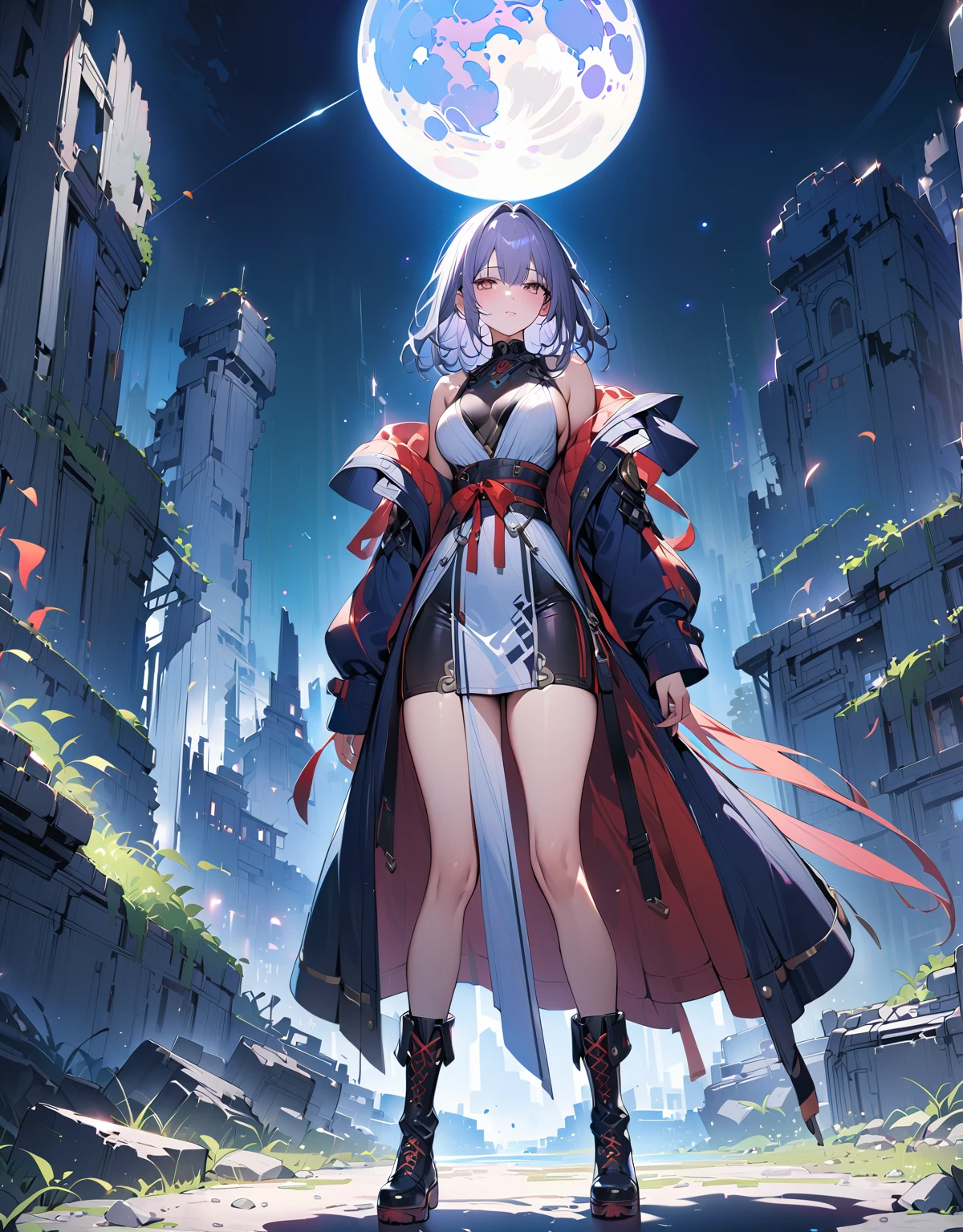 ((masterpiece, Highest quality, High resolution)), ((Highly detailed CG integrated 8K wallpaper))Detailed face,Gray Hair,Robe, Black boots,Clean moon, Background ruins