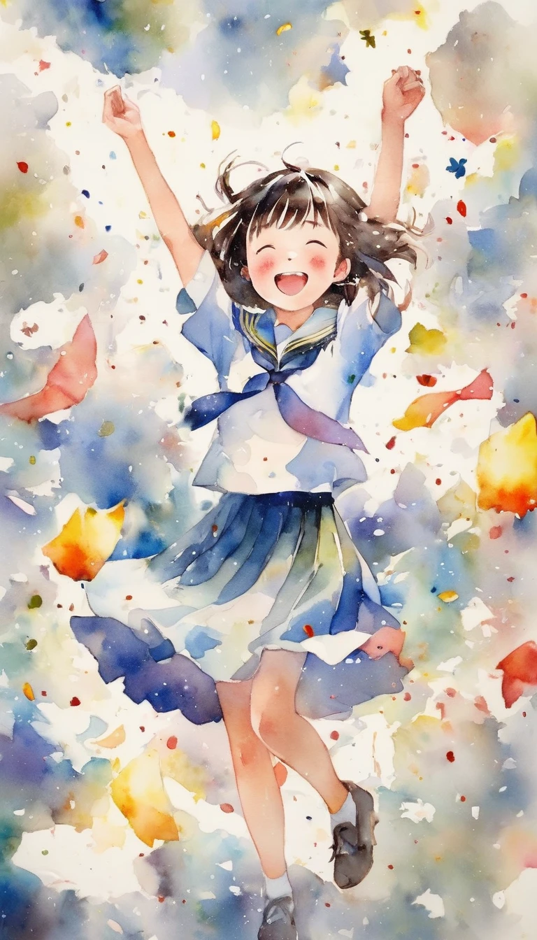 (Girl in school uniform),Smiling and spreading his arms、Scattering papers、Confetti、Answer sheets fly in the air、Dancing in a sea of paper，high quality，masterpiece、watercolor、Kanna Hashimoto、