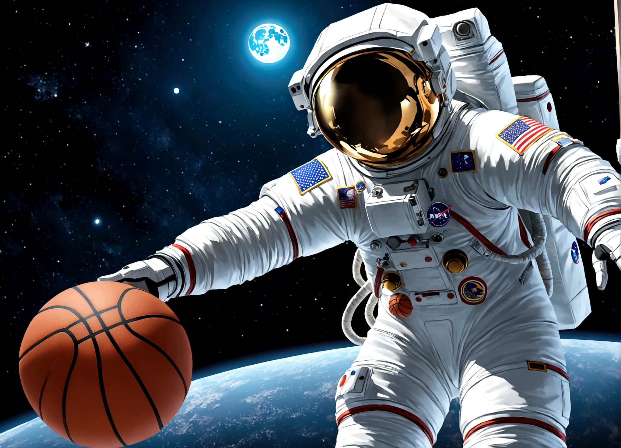 astronaut, Moon, basketball场, basketball, Space suit, Bright, Clarity, Rich in details, Science Fiction, basketball在空中飞翔, Moon表面纹理, Star bright, astronaut跳跃, basketball框, basketball场灯, night, moonlight, astronaut的笑容, Motion capture, Reality, Science Fiction Art