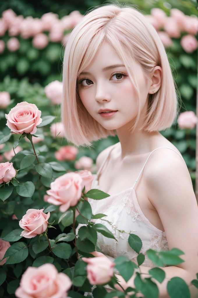 8K, CRU photo, Fujifilm, style photo of Hatsune Miku in a light pink rose garden (highly detailed skin: 1.2) Style-Petal BREAK short hair, blonde hair with colored highlights, wearing a dress, film grain, 35mm, cute style