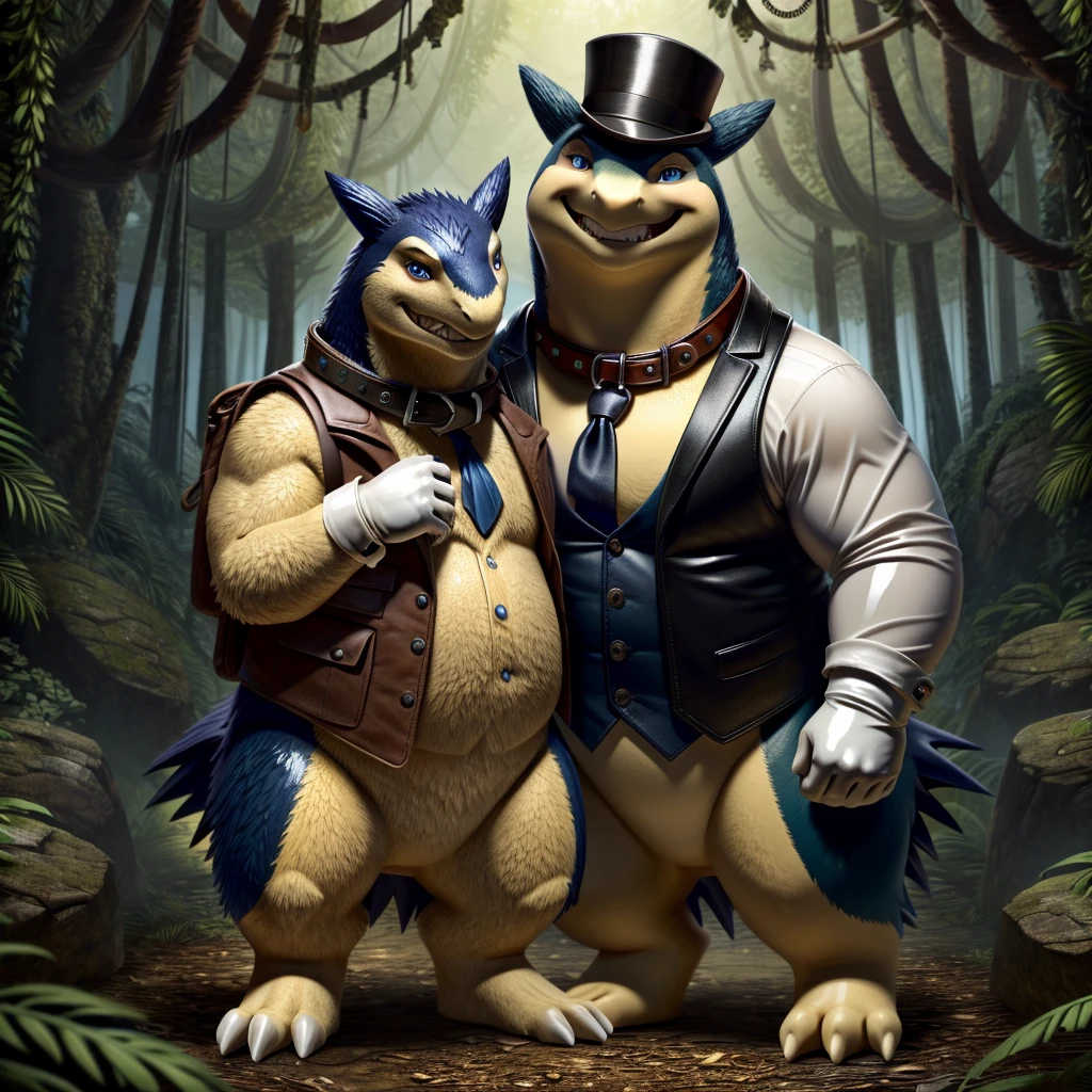 Male, fat, extremely obese, gentleman, Typhlosion, blue eyes, (posing:1.3), (soft shading), 4k, hi res, ((detailed face, detailed)), looking upward, gaping mouth, jungle, forest, shirt, top hat, male focus, Explorer Outfit, glasses, monocle, vest, sleeves rolled up, round eyewear, brown headwear, brown vest, Typhlosion is wearing a glossy leather dog collar around the neck, Typhlosion is wearing the leather collar and shirt and vest at the same time, Typhlosion is wearing glossy white rubber gloves on the hands, wearing white rubber gloves on the feet, Typhlosion is wearing glossy white cuffs around the wrists and ankles, gold cufflinks gloves are rubber in texture, clenching teeth, clenching fists, leather collar is glossy and shiny with a lot of detail, Typhlosion is wearing gloves and cuffs and cufflinks at the same time, with a giant hyper penis, giant testicles, with chest hair and arm hair and leg hair, large neck, long neck, Typhlosion is ejaculating an extreme amount of sperm from the penis, lying on the floor with legs spread apart, birthing slimy eggs from the penis, Typhlosion is grinning with pleasure, Typhlosion is wearing glossy white rubber gloves on the hands around the wrists, Typhlosion is wearing a thick glossy black leather dog collar around the neck, Typhlosion is wearing a glossy black top hat, Typhlosion is wearing glossy white gloves on the feet, thick black leather dog collar is glossy in texture, white gloves are glossy in texture, sperm is sticky in texture, clutching penis with hand, rubbing penis with hand, sperm is sticky, gloves are glossy and shiny, slimy eggs coming out of the penis, gloves are white, gloves only go up to wrists and ankles, eggs are sticky, eggs are coming out of the top of the penis, slit on the penis is puckering, throbbing penis, large vein on penis, gloves are rubber in texture, slimy eggs have large green spots.