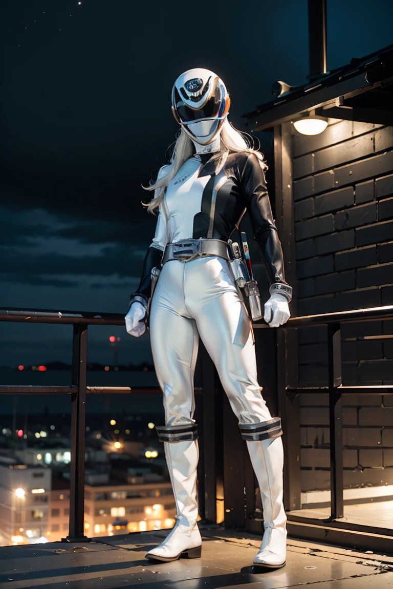 (Masterpiece, 4K resolution, ultra-realistic, highly detailed), (White costume superhero theme, charismatic, girl on top of the city, wearing white Spider-Man costume, superheroine), [((23 years old), (long white hair:1.2), full-body, (blue eyes:1.2), (Spider-Man dynamic poses) ((gritty urban environment):0.8)| (urban landscape, nighttime, dynamic lights), (full moon))]., power suit, powerranger, suit, spd, (Power ranger suit), gold detail, masked,