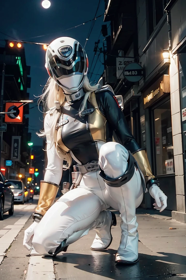 (Masterpiece, 4K resolution, ultra-realistic, highly detailed), (White costume superhero theme, charismatic, girl on top of the city, wearing white Spider-Man costume, superheroine), [((23 years old), (long white hair:1.2), full-body, (blue eyes:1.2), (Spider-Man dynamic poses) ((gritty urban environment):0.8)| (urban landscape, nighttime, dynamic lights), (full moon))]., power suit, powerranger, suit, spd, (Power ranger suit), gold detail, masked,