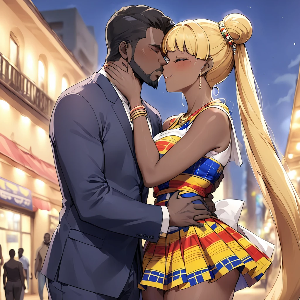 ((Highest quality)), ((masterpiece)), (detailed), （Perfect Face）、The woman is Reika Aoki, a Latin American with dark skin and medium-long blonde hair.、A woman is wearing a Lambada costume in South America and dancing the Lambada passionately with a man while he kisses her and fondles her breasts.