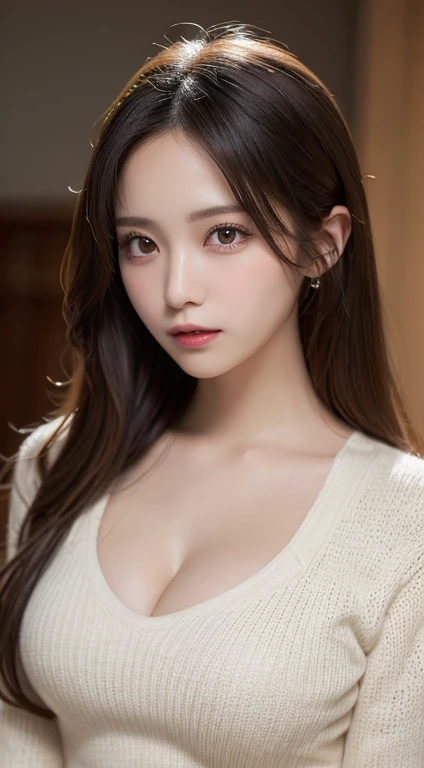 masutepiece, Best Quality, Illustration, Ultra-detailed, finely detail, hight resolution, 8K Wallpaper, Perfect dynamic composition, Beautiful detailed eyes, Natural Lip, sexy knitted dress , Big breasts, cleavage, Random sexy poses, full body