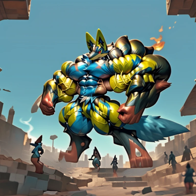 (masterpiece. official art. 8k. best quality. detailed full body. full body.)
(situation 1 : dominating shiny_mega_lucario. focus GIANT mechanical Muscular shiny_mega_lucario is trampling the CITY. macro. stomp. Low-angle perspective. emphasizing the immense size. The perspective is from below, emphasizing the sheer majesty and power of the Giant. giant art. He is much bigger than a skyscraper. Giga Giants. micro soccer field. looking down.)
(situation 2 :smoke and flames rising from the destruction in the city)
(Additional details 2: (Detailed head. Detailed Body. Detailed abs. gigantic muscles. HYPER MUSCLES. Gigachad Muscular. big muscle. pecs. triceps. traps. unusually developed muscular body. body full of huge muscles. showing off muscles. pectorales enormes. Exaggeratedly huge muscles. huge muscles. long legs.).