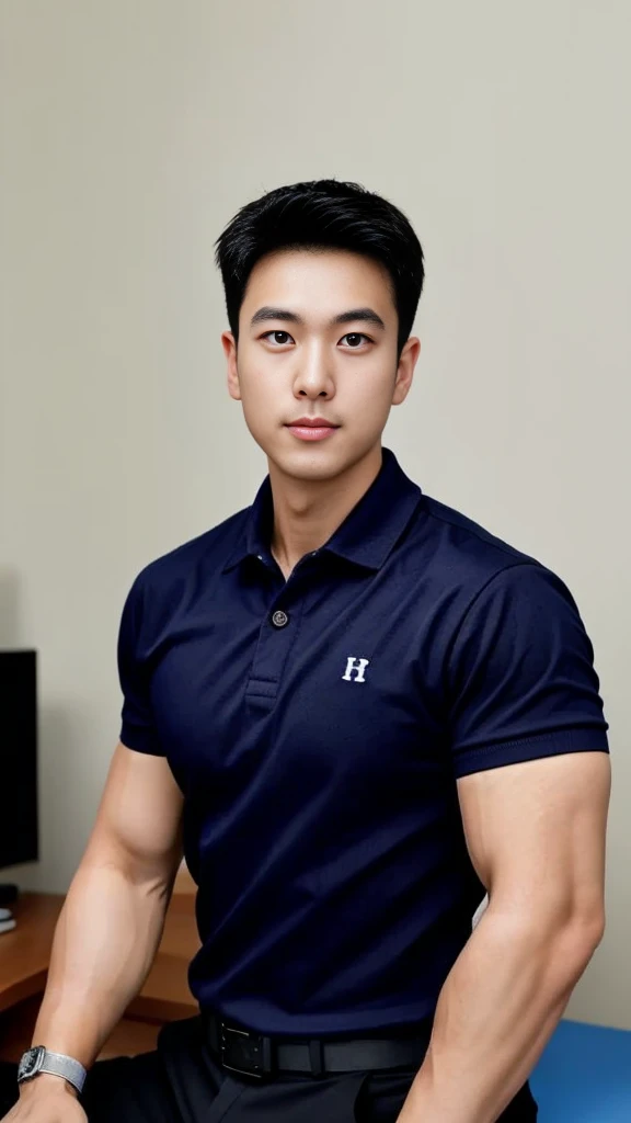 A male police officer in his 20s poses for a group photo., Wear a navy blue polo shirt., high resolution, Masterpiece, best quality, head:1.3,, Smooth and fine skin, clear focus, (movie light), during the night, gentle light, Dynamic angle, (detailed face:1.2), (((exercise))), sport, His arm muscles were very big., hand in crotch, in his bedroom ,natural and delicate,