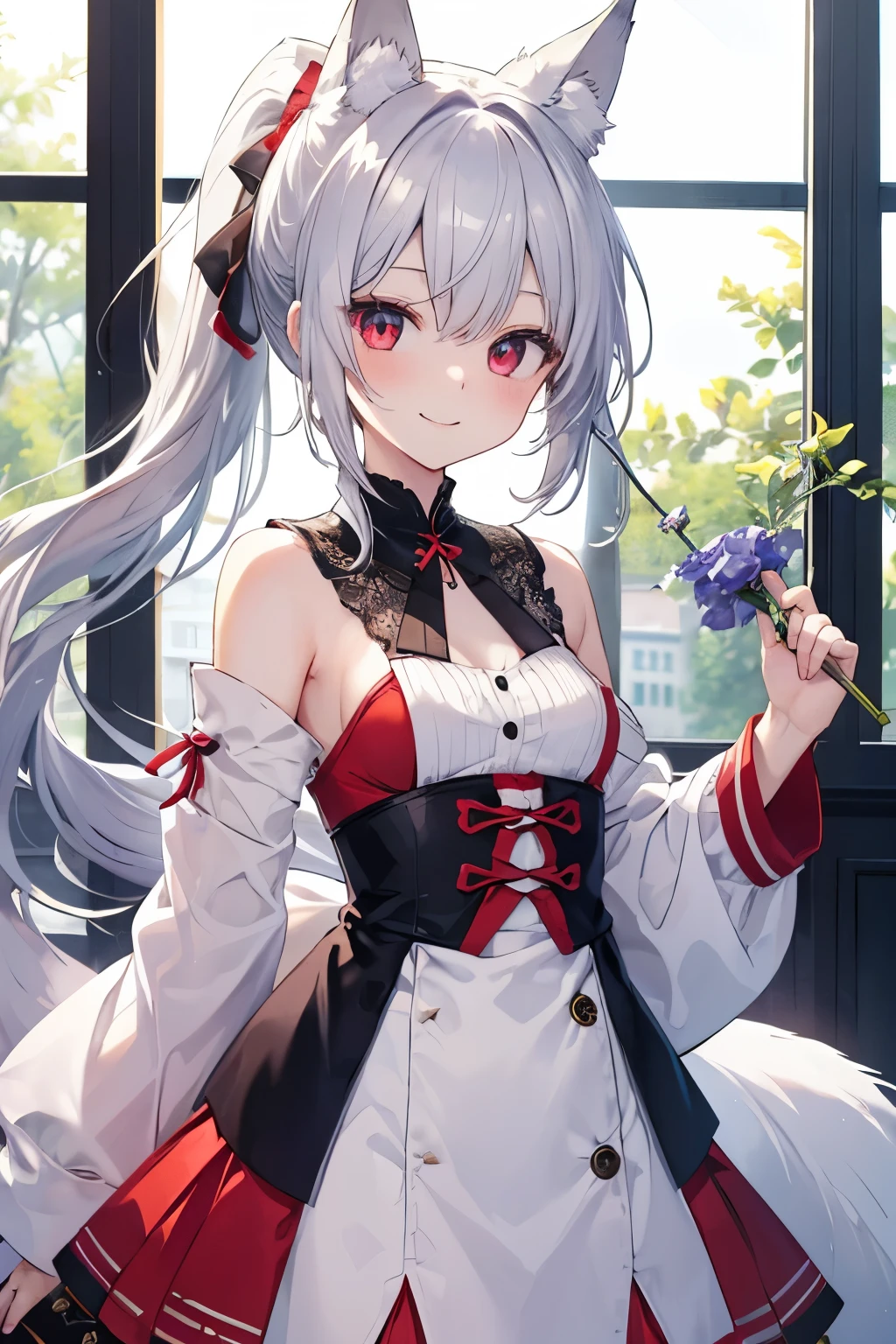 One girl, High resolution, chest, Blushing, smile, Twin tails, Very long hair, Gray Hair, Fox Ears,
