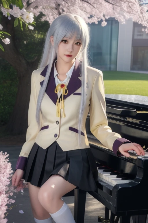 ultra-detailed,highly detailed,best quality,masterpiece,illustration,realistic,
tachibana kanade, 1girl, solo, cosplay, 
, jacket,blazer, long sleeves,neck ribbon,gem,necklace, pleated skirt,
yellow eyes,white hair, long hair,bangs, hair pulled back, 
looking at viewer, playing piano,
photo background, photo inset, dusk,outdoors, spring,wind,falling petals, sunlight, skyline, 
 