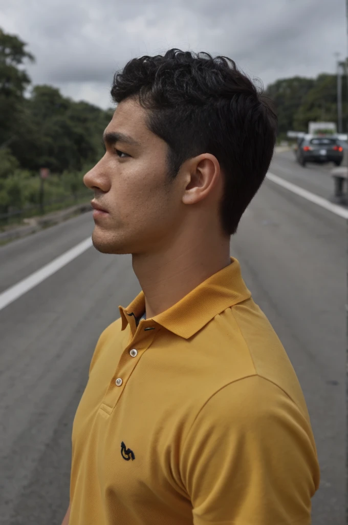 young asian man In a gray polo shirt sitting by the canal with a serious expression, looking into the distance Turn your head slightly.，Cloudy day 