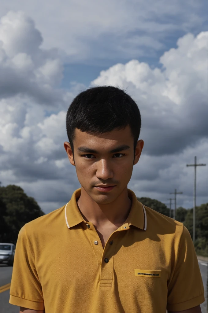 young asian man In a gray polo shirt sitting by the canal with a serious expression, looking into the distance Turn your head slightly.，Cloudy day 
