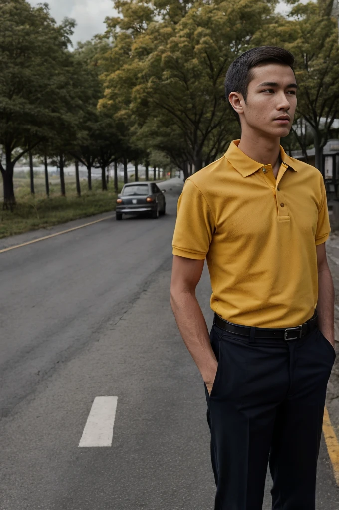 young asian man In a gray polo shirt sitting by the canal with a serious expression, looking into the distance Turn your head slightly.，Cloudy day 