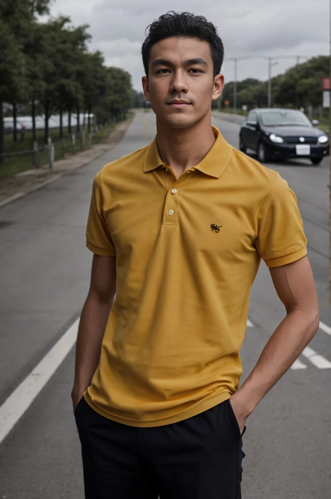 young asian man In a gray polo shirt sitting by the canal with a serious expression, looking into the distance Turn your head slightly.，Cloudy day 