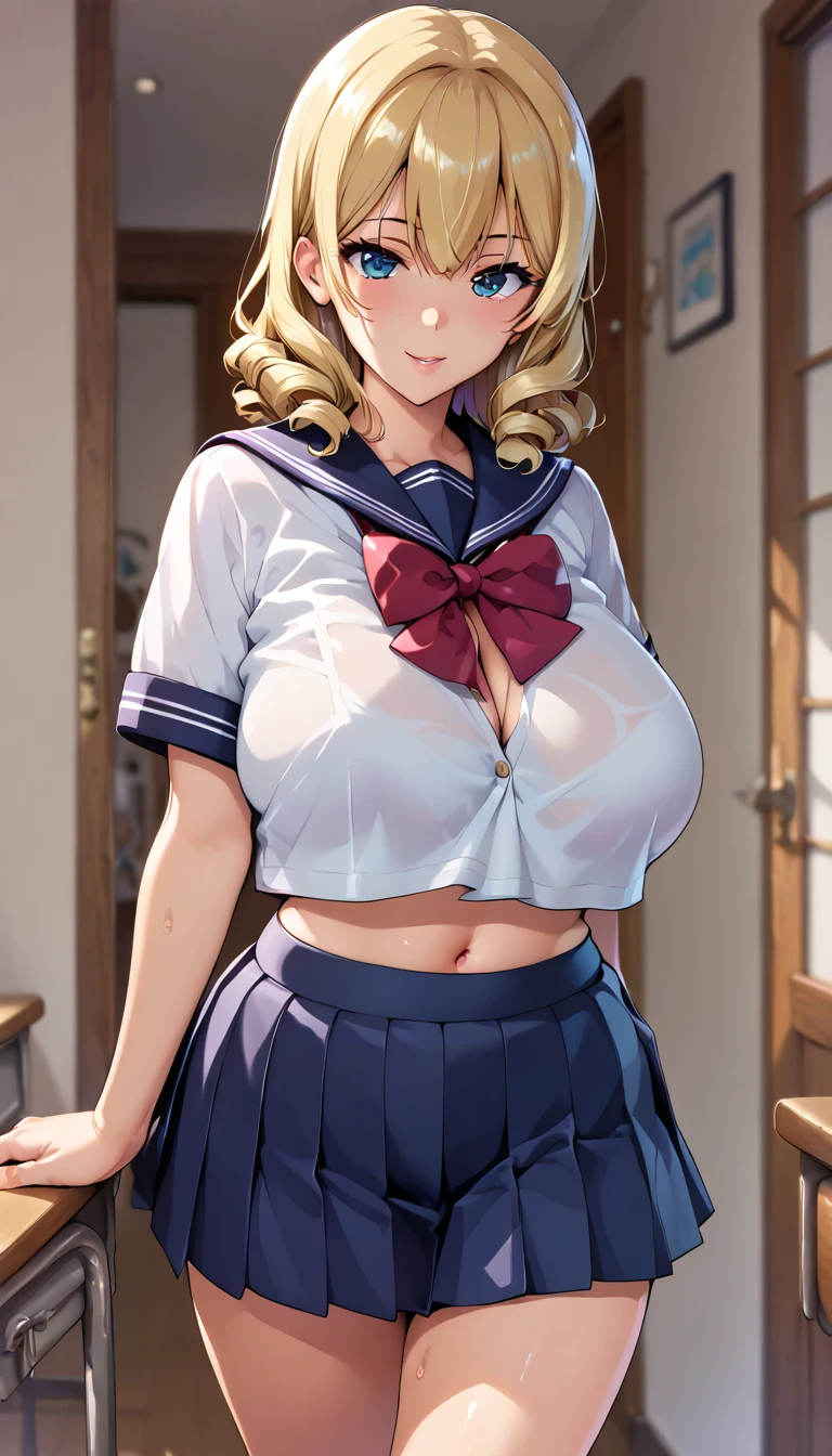 Highest quality,((((One girl)))),((Big Breasts:1.3)),Curvy,orgasm,blush, Sweat,Blonde,short hair,Wavy Hair,White shirt,,Navy blue pleated skirt,classroom,Lift up your skirt,Under the skirt,Lace panties,White panties,White knee-high socks,((Put one hand in your panties)),