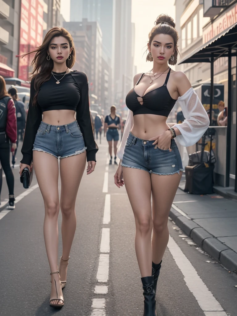 (1 girl, solo),Best quality, full body portrait, delicate face,brown long hair, bob haircut, forehead, 18 year old girl, slim figure, huge bust, loose oversized u-neck crop top full sleeved shhirt, cleavage,(under boobs:1.4), crotch gap, cameltoe, over shirt shorts, seen string of bikini bottoms, sunset bridge, vintage vespa behind, scene, standing tall, long leg , necklace, rings, earrings, bracelet, watch, open legs, araffe woman in shorts and a white top walking down a street, photorealistic perfect body, anime girl in real life, realistic anime 3 d style, sexy girl wearing shorts, at a city street, hyperrealistic full figure, bra and shorts streetwear, beautiful model girl, cyberpunk 2 0 y. o model girl, fashion model, hyper realistic anime, small waist, naval piercing, bellybutton pierced, nightlife,visible bra,denim shorts,tight ass, slutty,at night photo, night photography,brown hair(night outdoors)