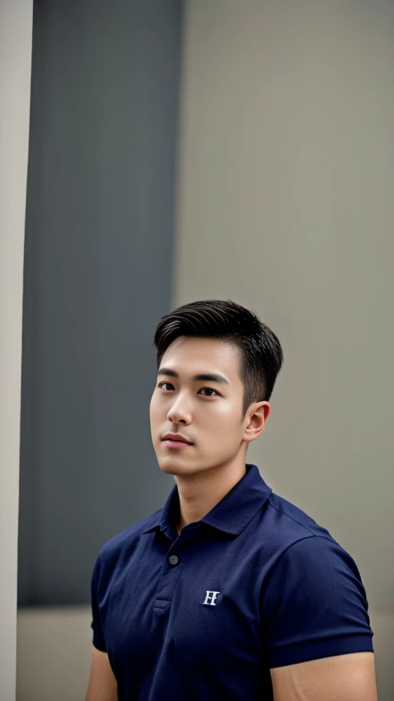 A male police officer in his 20s poses for a group photo., Wear a navy blue polo shirt., high resolution, Masterpiece, best quality, head:1.3,, Smooth and fine skin, clear focus, (movie light), during the night, gentle light, Dynamic angle, (detailed face:1.2), (((exercise))), sport, His arm muscles were very big., hand in crotch, in his bedroom ,natural and delicate,