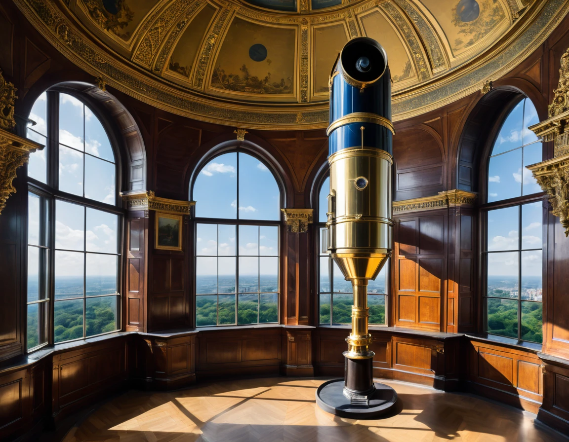 A 18th century telescope was in an indoor observation room on the top floor of the building, with the circular dome-shaped roof open up to allow the telescope to observe the universe, and scholars were gathered in a corridor surrounding it, talking about something, in a royal castle in the sky,