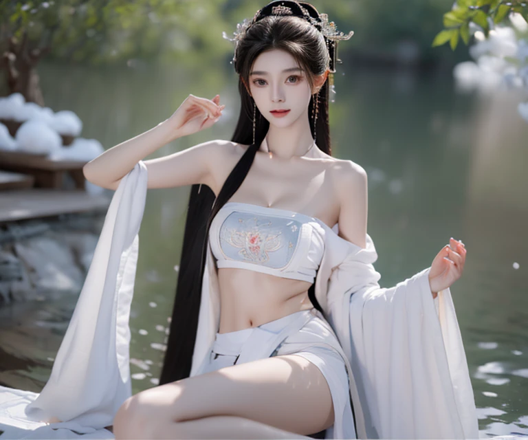 Best image quality，Very high resolution，Very detailed，Amazing Girl，Sitting in the pool，Long eyelashes，big eyes，Shining eyes，Eye bags，Full lips，Small nose，Happy expression，Sweet，Exquisite makeup，full-body shot，Snow-white skin，Slim body，Take off the shoulders，clavicle，abdomenband，abdomen，abdomen button，Slender white legs，White and tender skin，White Embroidered Mini Skirt，neckLace，Show your thighs，Lace，Sweet，Long hair flying，best quality，masterpiece，full-body shot，Face Focus，Slim body，细腰白色abdomenband，Imagine，full-body shot
Model: Hanfu, CFG size: 7, Hiring high-end talents: 1.5, Lola: Future Fashion(0.4)、neon(0.4)、Martial Arts(0.8)、Asian Face Girls-2(0.4)、Poetic fairy tale(0.01)