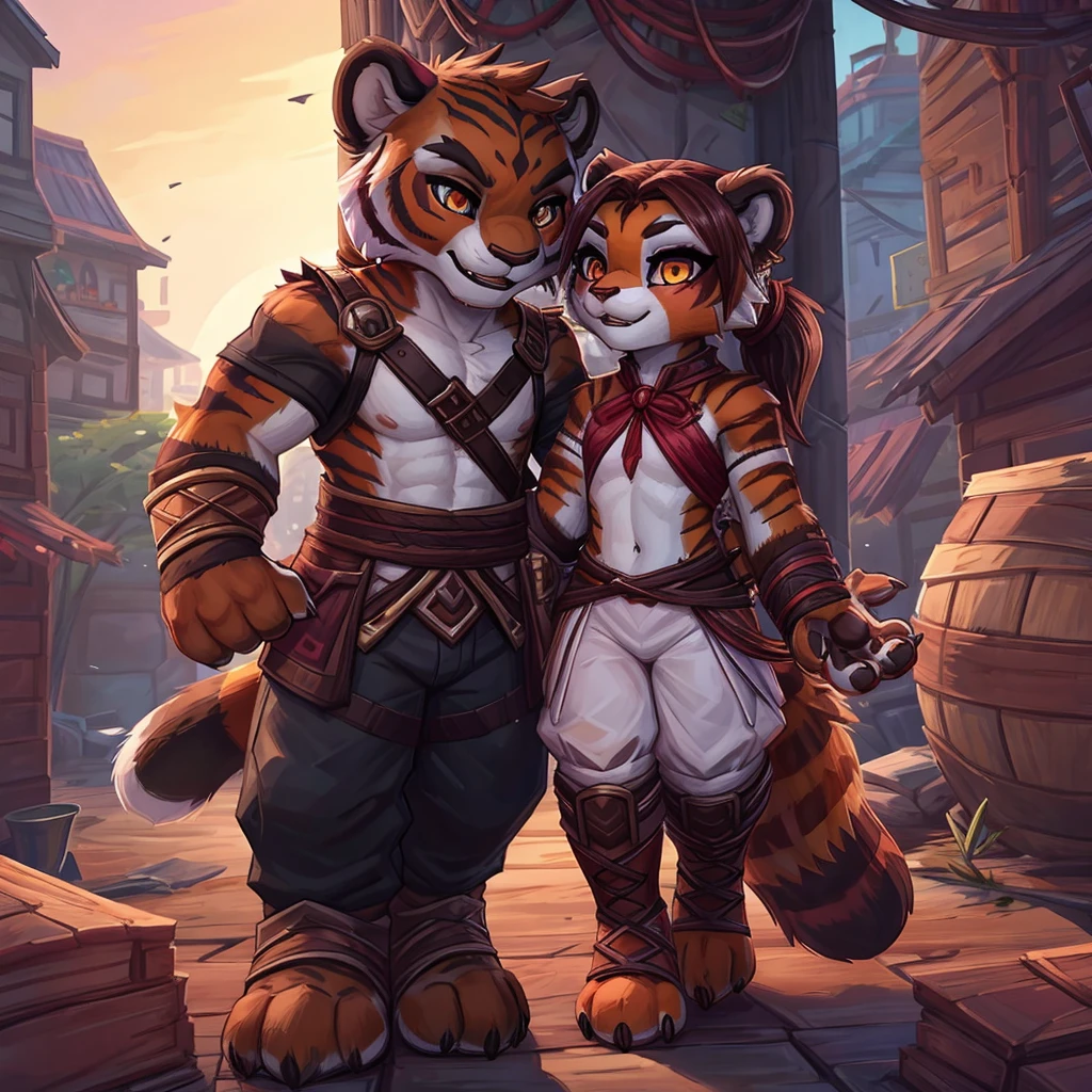 (4fingers), small_round_ears, small_panda_ears, pandaren, world_of_warcraft, furry, anthropomorphic, fluffy_tail, foxtail, cfemale, claws, red_panda, tiger_stripes, tiger_face, flat_chested, teen, teenager, amber_eyes, (pupils), (tiger_legs), black_left_foot, white_right_foot, (four_fingers), waist_long_ponytail, brown_hair, ((three_toes)), ((3toes)), ((detailed_eyes)), ((detailed_face)), detailed_hands, simple clothes, simple outfits, shirt, pants, boots, couple, height difference, civilian clothing,