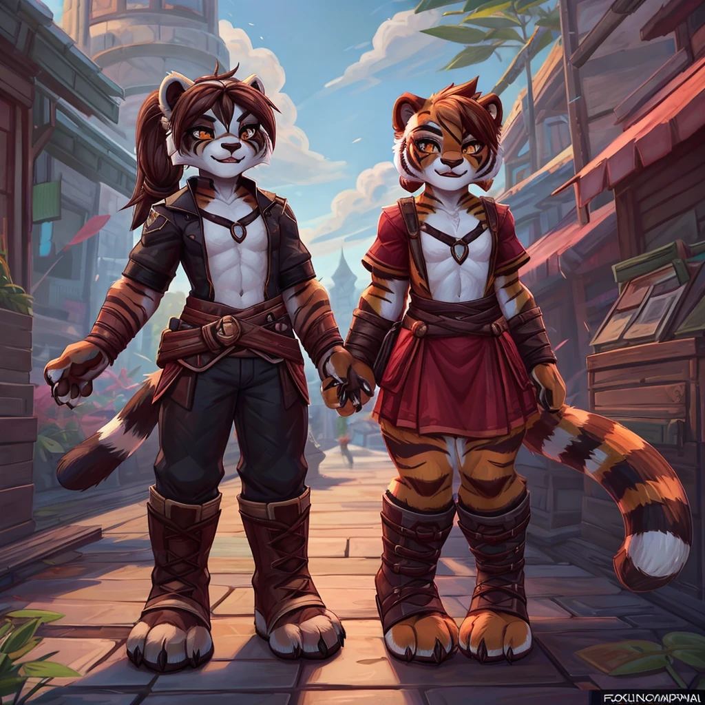 (4fingers), small_round_ears, small_panda_ears, pandaren, world_of_warcraft, furry, anthropomorphic, fluffy_tail, foxtail, cfemale, claws, red_panda, tiger_stripes, tiger_face, flat_chested, teen, teenager, amber_eyes, (pupils), (tiger_legs), black_left_foot, white_right_foot, (four_fingers), waist_long_ponytail, brown_hair, ((three_toes)), ((3toes)), ((detailed_eyes)), ((detailed_face)), detailed_hands, simple clothes, simple outfits, shirt, pants, boots, couple, height difference, civilian clothing,