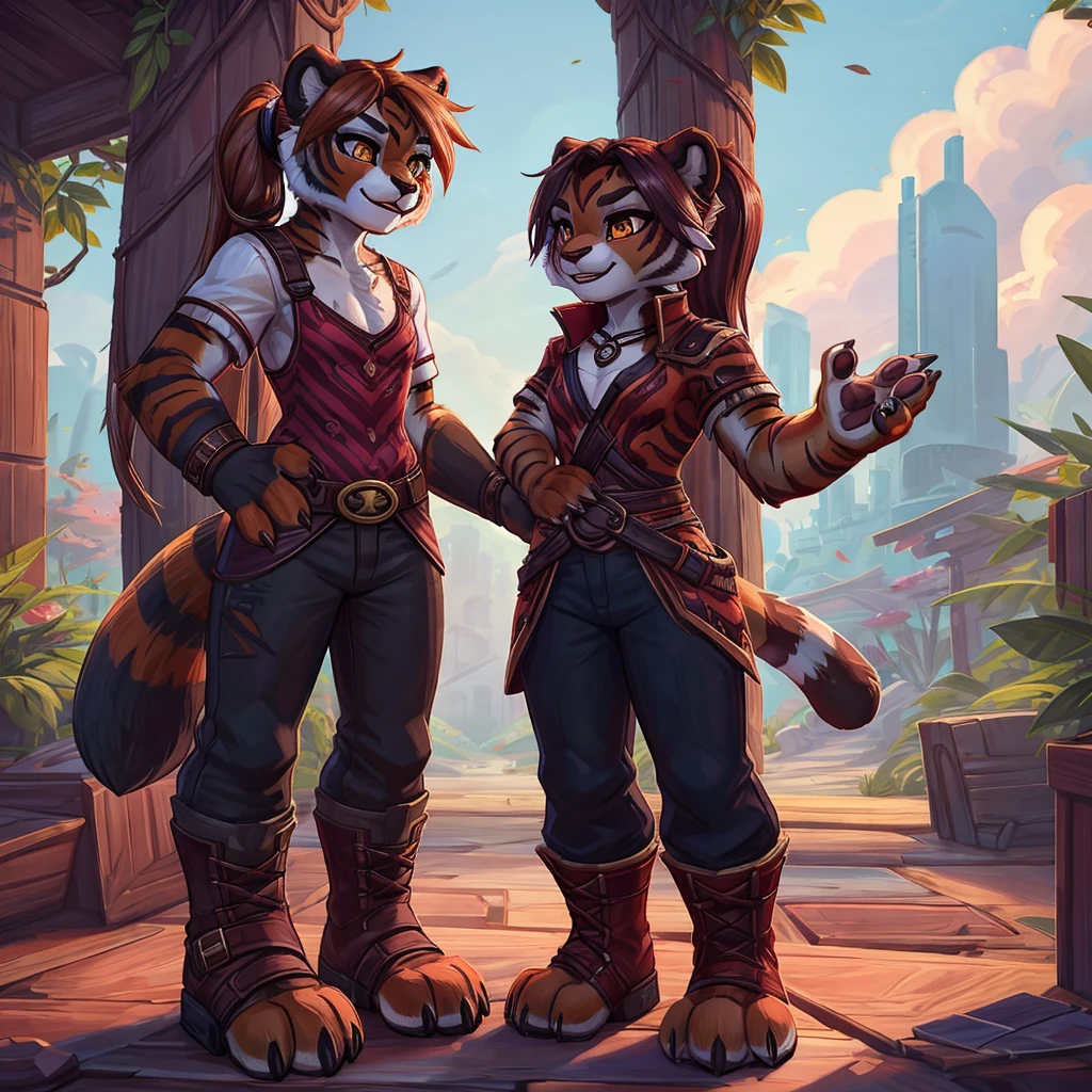 (4fingers), small_round_ears, small_panda_ears, pandaren, world_of_warcraft, furry, anthropomorphic, fluffy_tail, foxtail, cfemale, claws, red_panda, tiger_stripes, tiger_face, flat_chested,  teenager, amber_eyes, (pupils), (tiger_legs), black_left_foot, white_right_foot, (four_fingers), waist_long_ponytail, brown_hair, ((three_toes)), ((3toes)), ((detailed_eyes)), ((detailed_face)), detailed_hands, simple clothes, simple outfits, shirt, pants, boots, couple, height difference, civilian clothing,