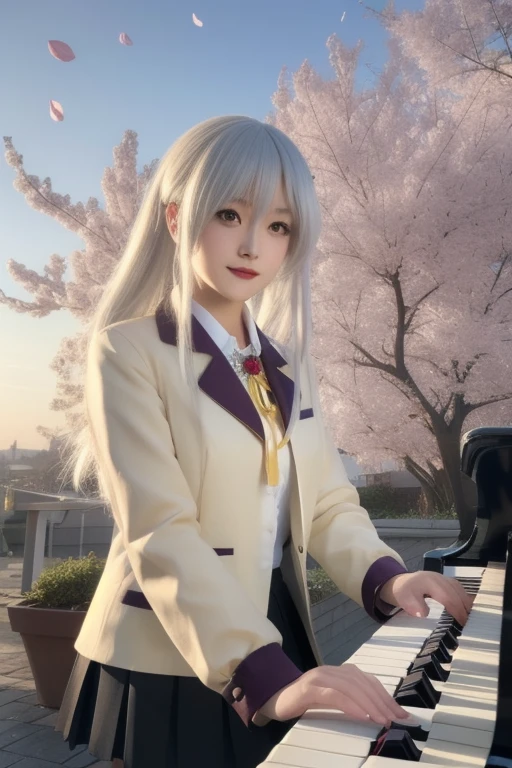 ultra-detailed,highly detailed,best quality,masterpiece,illustration,realistic,
tachibana kanade, 1girl, solo, cosplay, 
, jacket,blazer, long sleeves,neck ribbon,gem,necklace, pleated skirt,
yellow eyes,white hair, long hair,bangs, hair pulled back, 
looking at viewer, playing piano,
photo background, photo inset, dusk,outdoors, spring,wind,falling petals, sunlight, skyline, 
 