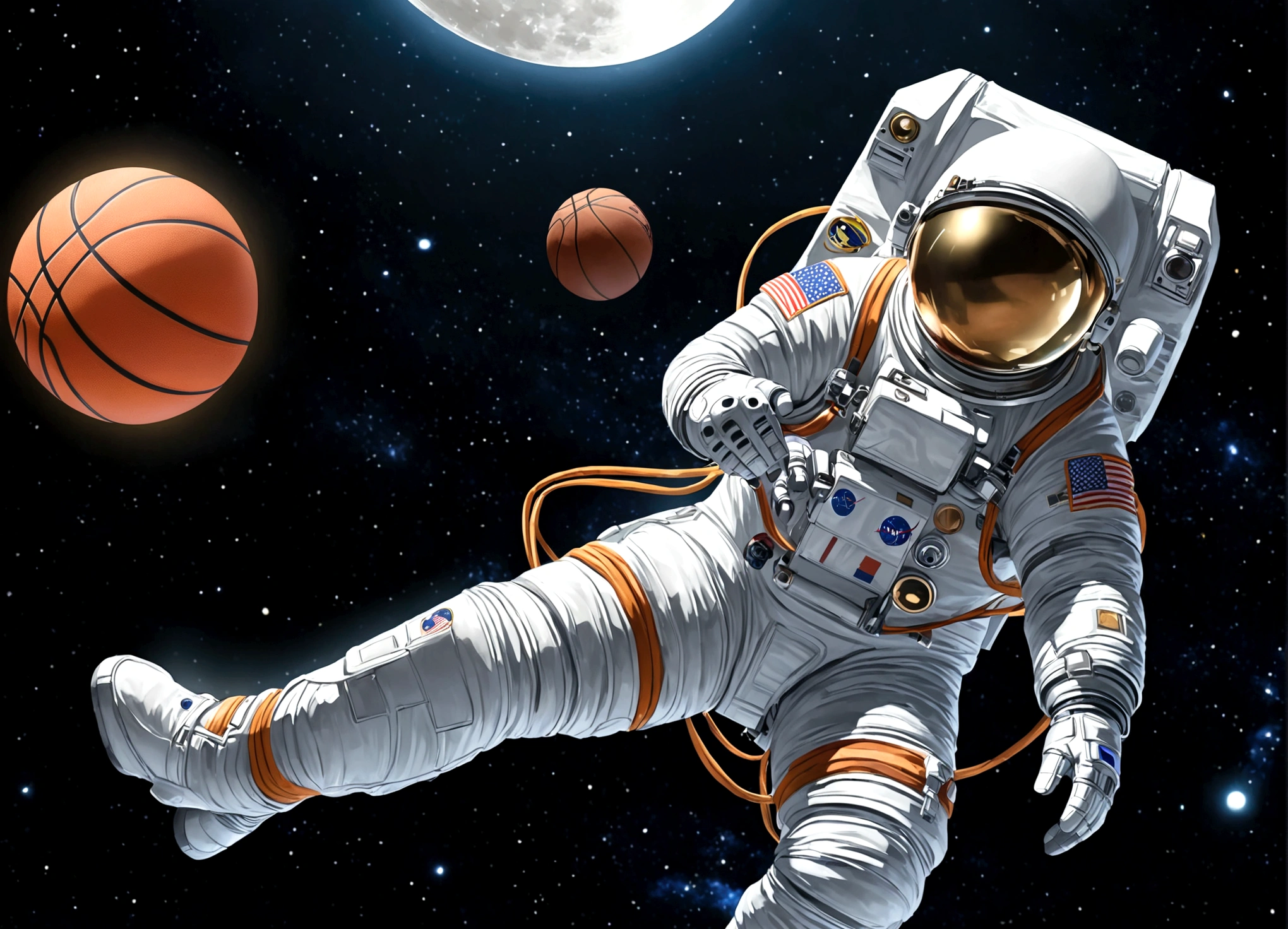 astronaut, Moon, basketball场, basketball, Space suit, Bright, Clarity, Rich in details, Science Fiction, basketball在空中飞翔, Moon表面纹理, Star bright, astronaut跳跃, basketball框, basketball场灯, night, moonlight, astronaut的笑容, Motion capture, Reality, Science Fiction Art