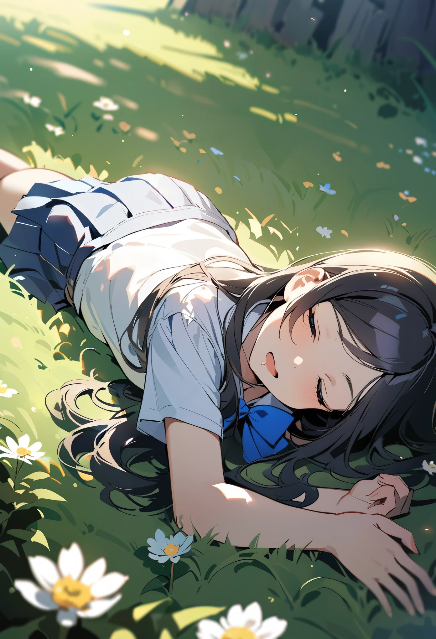1 girl, long hair, black hair, straight hair, short bangs above brows, happy, 
BREAK (masterpiece), (high resolution 8K), cinematic lighting, professional lighting, detailed eyes and face, detailed body, 
BREAK , blazer, white shirt, blue bowtie, pleated skirt,  
BREAK cowboy shot, dutch angle, 
BREAK night, (depth of field:1.3), portrait, night view, light particles, 