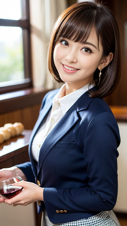 （masterpiece）、(Highest quality:1.5)、(Photorealistic:1.2)、(Surreal), (High resolution), (Realistic), (Post-processing),(Sharp focus), Sharp focus:1.2,Backlight, (Improvement of quality:1.4), Healthy thighs、(Narrow waist)、Big Ass、((Perfectly detailed five-fingered hands)),（Anatomically correct body）、((1 female:1.4))、Japanese、Realistic Skin、（Small chest：1.4）、Bust size is A cup、Pretty woman with perfect figure:1.4,(from the front:1.5), (Enhances the beauty of skin texture:1.1),No makeup、美しいBlack Hair、最高のsmile、Natural color lip、(Small Mouth:1.4)、The mouth is not open、Thick lips、(Oval Face)、Even bangs、Hide eyebrows with bangs、((29-year-old woman))、Bob Hair、Hair blowing in the wind, (Black Hair, Iris, Watery eyes, Shining Eyes, Bob Cut Hair, Small earrings,), Hair behind the ear、No makeup、(Drooping eyes)、whole body、(((One lovely woman)),((優しい大きなsmile)),(( Small breasts,Small breastsの谷間)),((((Plump Cheeks)))),((whole body：1.５)),very cute,(Baby Face),full-course dinner、Wine Party、Bright image、The beauty of wine, Beautiful Face,  red wine 、Appetizers、Italian food、Wine bottle、Champagne、sparkling wine、(slimな顔), (The body is slim),restaurant,  White wine, slim, wine gl, 中央に置かれたwine gl, smile, (smile: 1.15), Beautiful fine grain, Depth f/2,saturation, High Contrast, Strong light and shadow,Moist Body:1.5、3D texture、Delicate eyes、((Before cooking：1.5)）、Wearing a navy blue blazer、Wearing a white blouse、Wearing a checked skirt、Wear pumps、