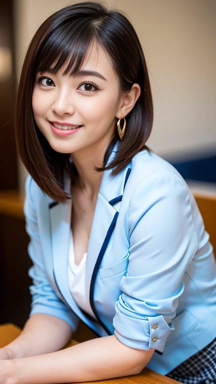 （masterpiece）、(Highest quality:1.5)、(Photorealistic:1.2)、(Surreal), (High resolution), (Realistic), (Post-processing),(Sharp focus), Sharp focus:1.2,Backlight, (Improvement of quality:1.4), Healthy thighs、(Narrow waist)、Big Ass、((Perfectly detailed five-fingered hands)),（Anatomically correct body）、((1 female:1.4))、Japanese、Realistic Skin、（Small chest：1.4）、Bust size is A cup、Pretty woman with perfect figure:1.4,(from the front:1.5), (Enhances the beauty of skin texture:1.1),No makeup、美しいBlack Hair、最高のsmile、Natural color lip、(Small Mouth:1.4)、The mouth is not open、Thick lips、(Oval Face)、Even bangs、Hide eyebrows with bangs、((29-year-old woman))、Bob Hair、Hair blowing in the wind, (Black Hair, Iris, Watery eyes, Shining Eyes, Bob Cut Hair, Small earrings,), Hair behind the ear、No makeup、(Drooping eyes)、whole body、(((One lovely woman)),((優しい大きなsmile)),(( Small breasts,Small breastsの谷間)),((((Plump Cheeks)))),((whole body：1.５)),very cute,(Baby Face),full-course dinner、Wine Party、Bright image、The beauty of wine, Beautiful Face,  red wine 、Appetizers、Italian food、Wine bottle、Champagne、sparkling wine、(slimな顔), (The body is slim),restaurant,  White wine, slim, wine glass, 中央に置かれたwine glass, smile, (smile: 1.15), Beautiful fine grain, Depth f/2,saturation, High Contrast, Strong light and shadow,Moist Body:1.5、3D texture、Delicate eyes、((Before cooking：1.5)）、Wearing a navy blue blazer、Wearing a white blouse、Wearing a checked skirt、Wear pumps、