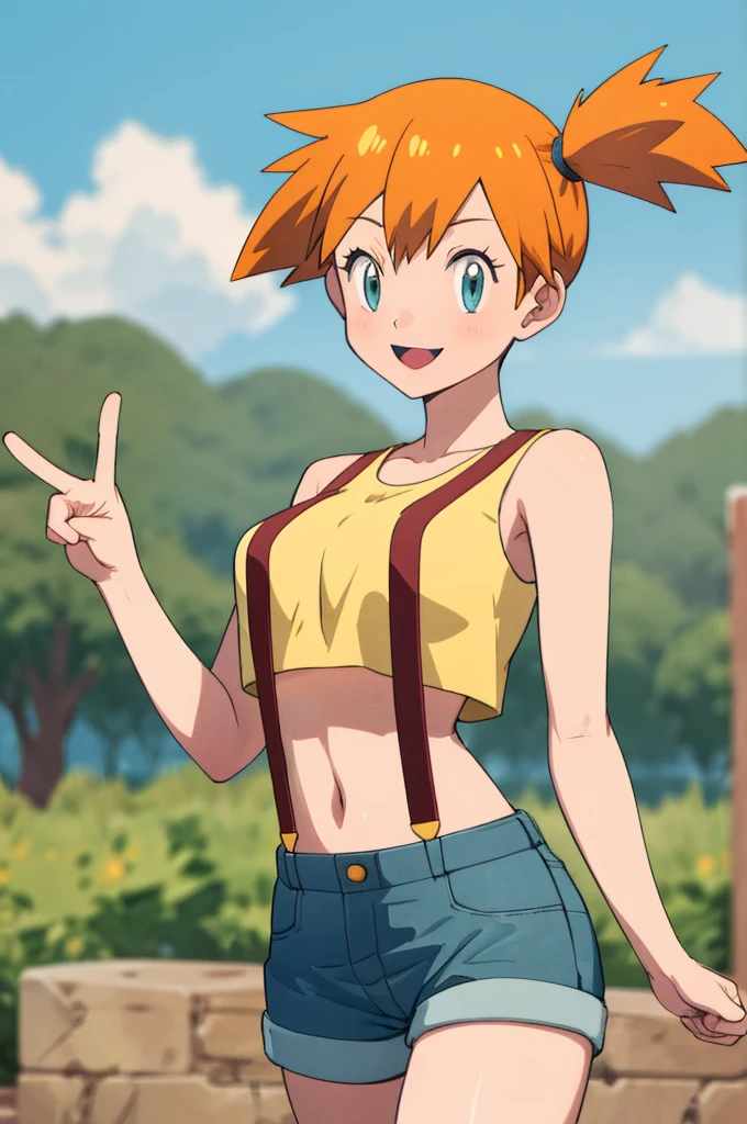 masterpiece, best quality, highres, 1girl, misty (pokemon), orange hair, solo, shorts, suspenders, side ponytail, orange hair, midriff, yellow crop top, navel, short hair, denim, denim shorts, smile, cowboy shot, standing, peace_sign, outdoors,big breasts,