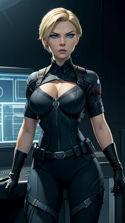 Jennifer Morrison as Black Widow, ((Masterpiece)); ((Natural Beauty)); ((Ultrarealistic blue eyes)); both eyes are similar; ((Ultrarealistic fair white skin)); ((Ultrarealistic small breasts A cup)); Deep Cleavage; ((Ultrarealistic blonde short  haircut hairstyle)); slim athletic body; ((Ultrarealistic round Asscheeks)); toned thighs; ((Ultrarealistic widow bite black gloves)); ((Ultrarealistic black widow utility belt)); black and red tactical vest; Bright Red stripe accents on the side of the suit; Short sleeve; looking at the viewer; head to toe; 
Control room in background 