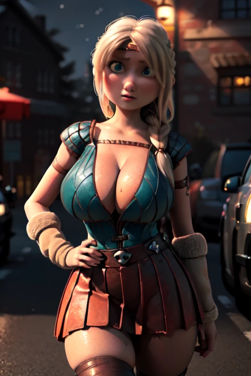 masterpiece, high quality, best quality, realistic, perfect face, expressive eyes, astrid hofferson, 1girl, solo, blonde hair, (single_braid:1.3), blue eyes, prostitute clothes, prostitute little short skirt, prostitute t-shirt, (huge enormous massive  gigantic breasts, larges fat legs, absolute cleavage, plunging neckline), open , enormous large fat absurde sagging gigantic big breasts voluptuous, zettai ryouiki, wide hips, thick thighs, (night, darkness, dark theme:1.3), depth of field, cinematic lighting, standing, contrapposto