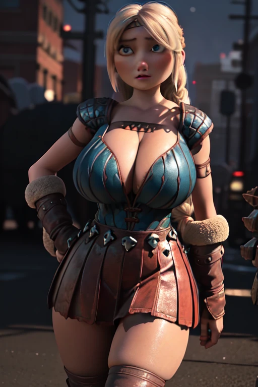 masterpiece, high quality, best quality, realistic, perfect face, expressive eyes, astrid hofferson, 1girl, solo, blonde hair, (single_braid:1.3), blue eyes, prostitute clothes, prostitute little short skirt, prostitute t-shirt, (huge enormous massive  gigantic breasts, larges fat legs, absolute cleavage, plunging neckline), open , enormous large fat absurde sagging gigantic big breasts voluptuous, zettai ryouiki, wide hips, thick thighs, (night, darkness, dark theme:1.3), depth of field, cinematic lighting, standing, contrapposto