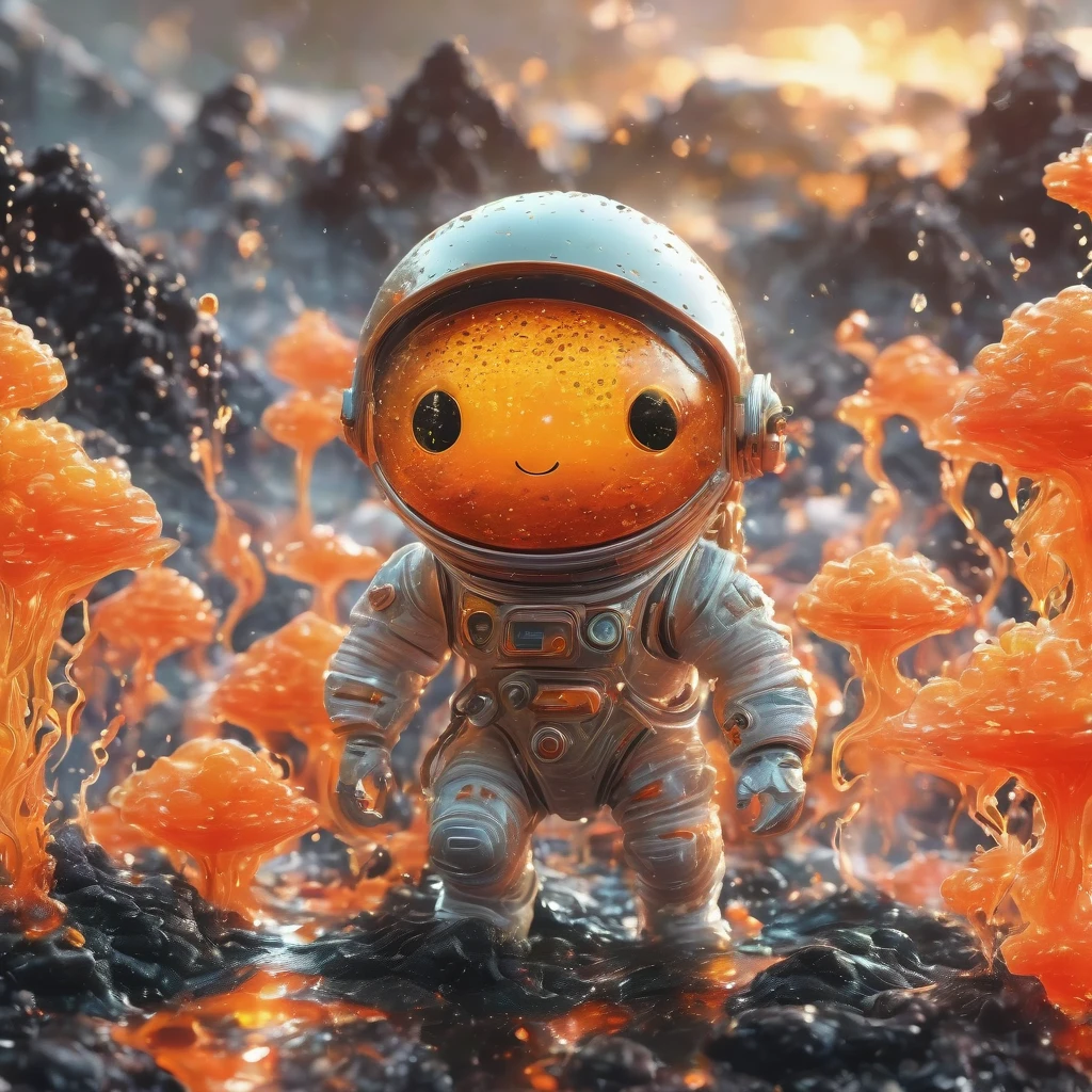 best quality, very good, 1.60,000, ridiculous, Extremely detailed, Cute slime astronaut，Made of translucent boiling lava, Background Alien World，Walk slowly ((A masterpiece full of fantasy elements))), ((Best quality)), ((Intricate details)) (8K), ((best quality)), ((Intricate details)) (8K)