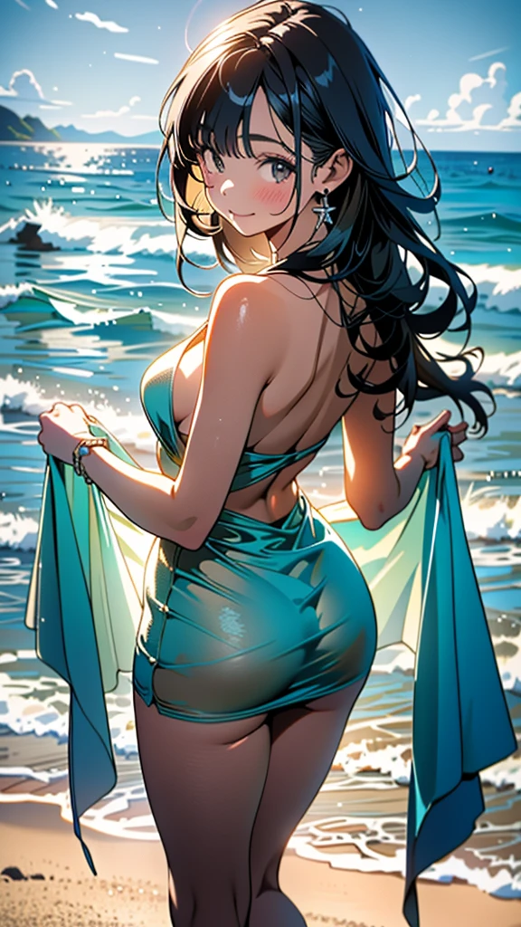 (Masterpiece), Best Quality, ultra-detailed, perfect hands, Delicate eye expression, 1girl (rinko_iori, Sexy, Slender and sexy body, large and pretty breasts, naked body, Gray-haired hair, long hair, blue eyes (empty eye)),solo,closed mouth, nude,dark skin, sexy eveningdress, undressing,Beach, standing, provocative pose, evil look,wicked smile, Sexy waist teasing