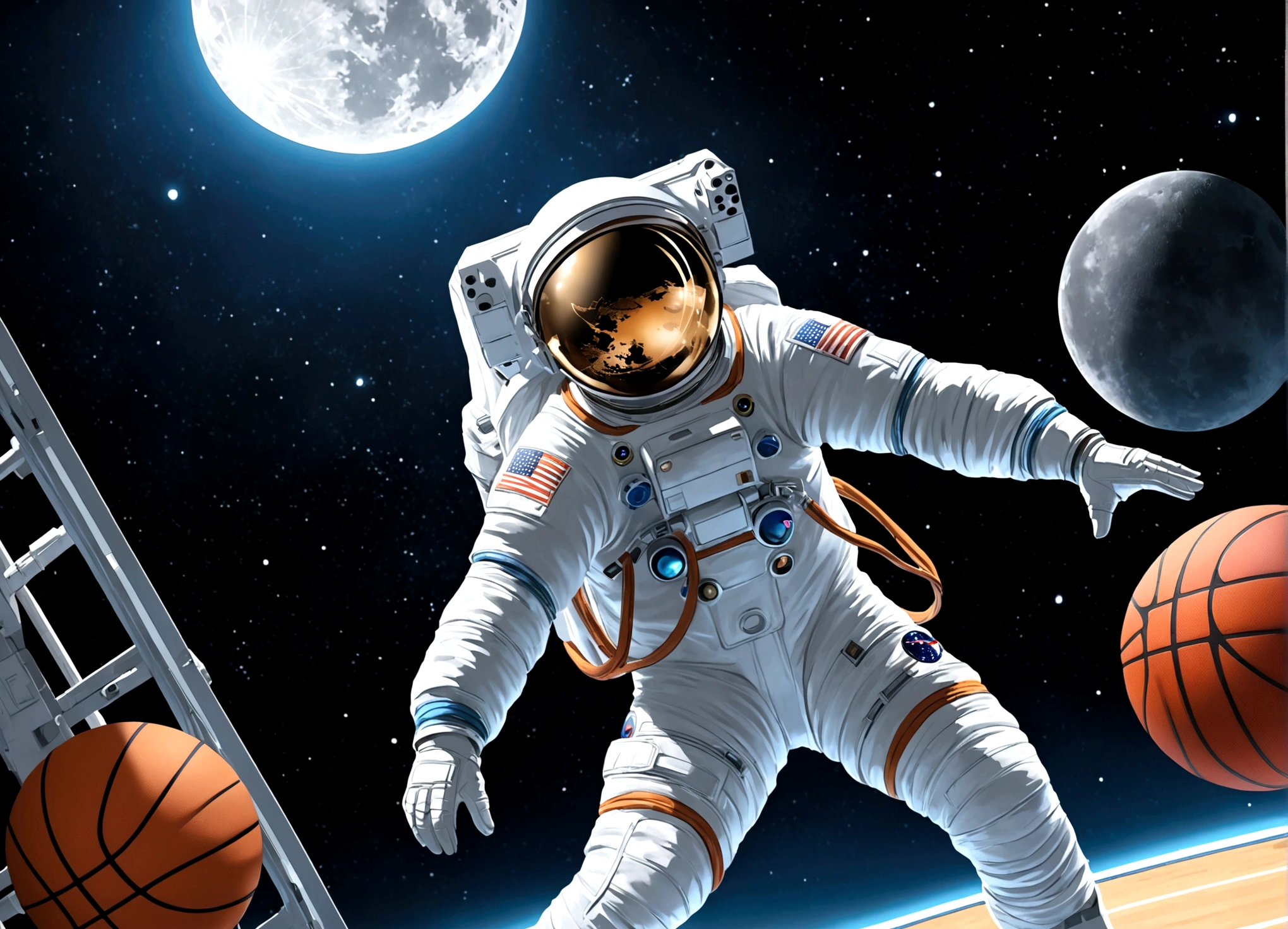 astronaut, Moon, basketball场, basketball, Space suit, Bright, Clarity, Rich in details, Science Fiction, basketball在空中飞翔, Moon表面纹理, Star bright, astronaut跳跃, basketball框, basketball场灯, night, moonlight, astronaut的笑容, Motion capture, Reality, Science Fiction Art