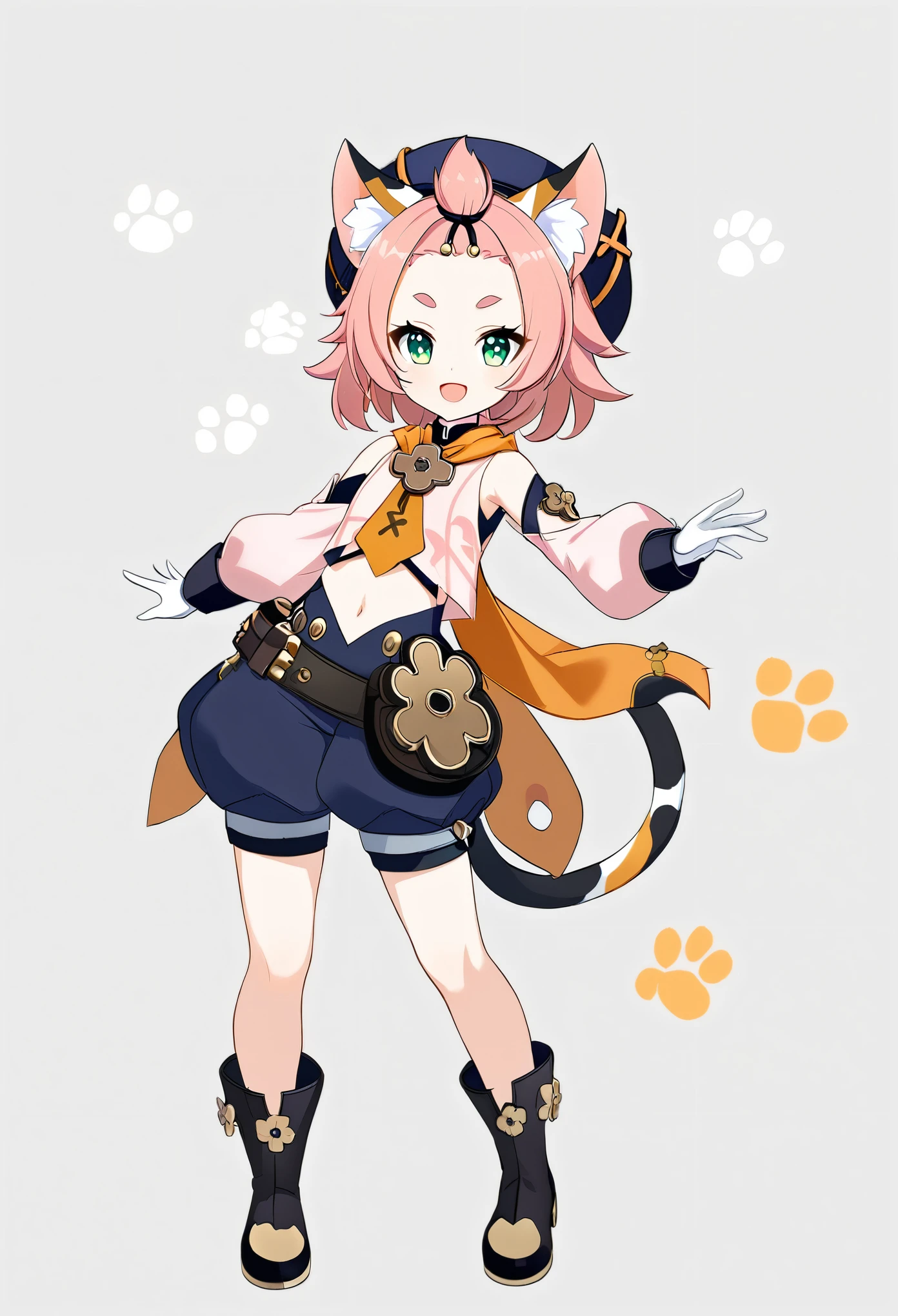 1girl, solo, animal ears, diona (genshin impact), cat ears, tail, pink hair, navel, hat, animal ear fluff, cat tail, cat girl, shorts, detached sleeves, green eyes, white gloves, gloves, open mouth, short hair, smile, bangs pinned back, simple background, full body, puffy shorts, looking at viewer, boots, grey background, paw print, thick eyebrows, black footwear, midriff, black shorts, blush, puffy sleeves, puffy detached sleeves, :d, forehead, bag, 