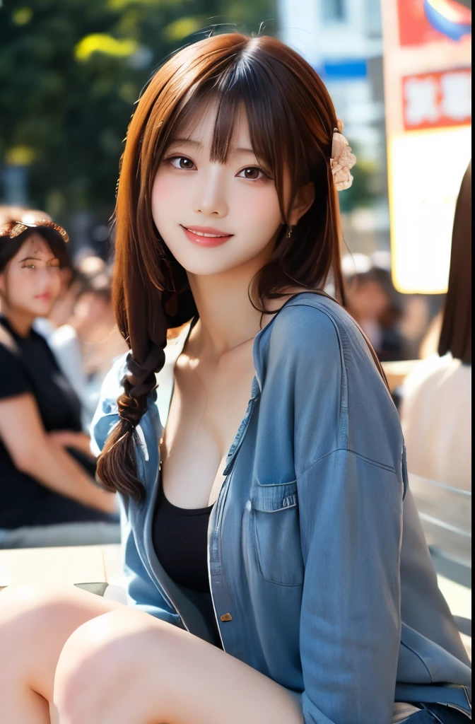 (masterpiece:1.2,Highest quality),Blur the background,1 female college student,((Cute casual clothes)),Large breasts,((Sculpture Pose)),((Beautiful Eyes)),Blushed,Healthy Skin,Observe the audience,(smile),(Shibuya Ward),8K resolution