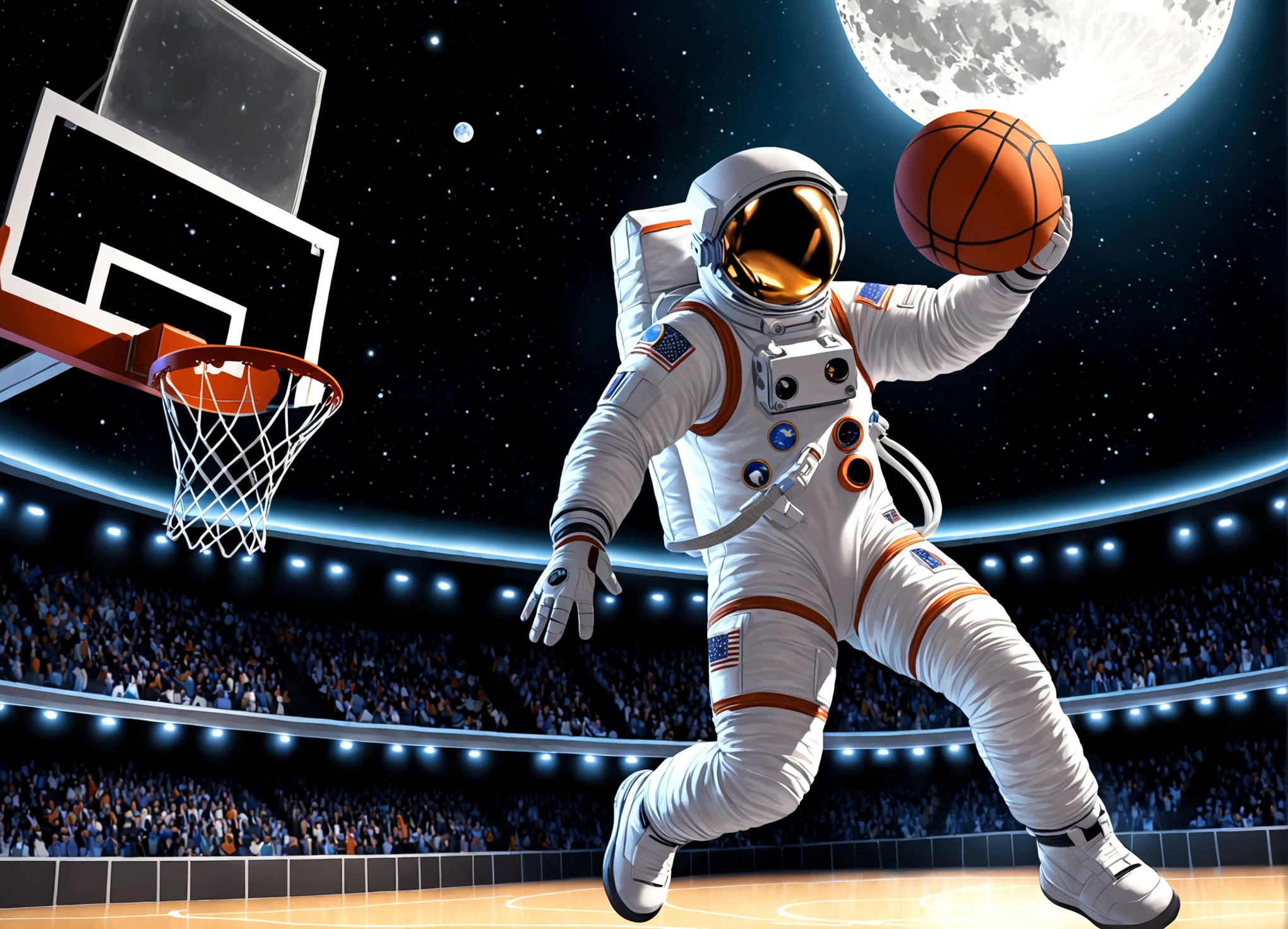 astronaut, Moon, basketball场, basketball, Space suit, Bright, Clarity, Rich in details, Science Fiction, basketball在空中飞翔, Moon表面纹理, Star bright, astronaut跳跃, basketball框, basketball场灯, night, moonlight, astronaut的笑容, Motion capture, Reality, Science Fiction Art