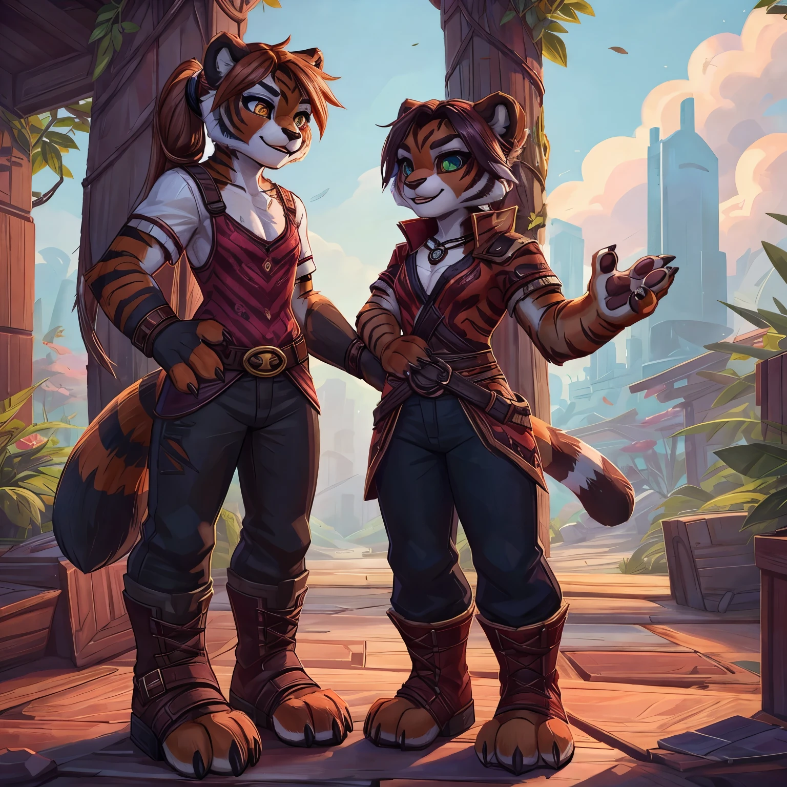 (4fingers), small_round_ears, small_panda_ears, pandaren, world_of_warcraft, furry, anthropomorphic, fluffy_tail, foxtail, cfemale, claws, red_panda, , teenager, green_eyes, (pupils), (four_fingers), short_hair, brown_hair, ((three_toes)), ((3toes)), ((detailed_eyes)), ((detailed_face)), detailed_hands, simple clothes, simple outfits, shirt, pants, boots, couple, height difference, civilian clothing,