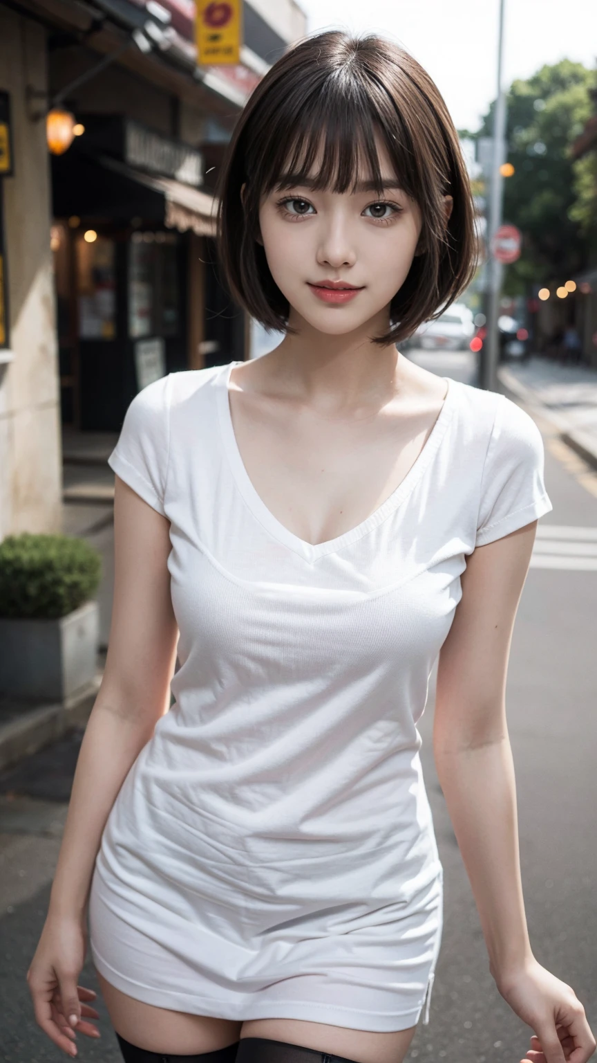 ((8K:1.27)、top-quality、masterpiece、超A high resolution:1.2)Photo Beautiful Japan woman(pleasing:1.1) Elegance、There is a good、Gradient lighting、1girl in、Delicate skin、SLR、Look here、Brown-eyed、(short hair with bangs:1.2)、(breasts are large:1.0)、(medium areola:0.8)、(realisitic:1.4)、(top-quality:1.0)、(超A high resolution:1.0)、8K、Raw photography、(masterpiece:0.2)、(pureerosface_v1:0.5)、oversize tshirt、Cotton、Round neck、Round Neck、long pleated skirts、Kamimei、huge tit、excited expressions、Red cheeks、want me、Staring at this、Park at night、large breast bulge、Leaning against a large tree、erect through、Brightness of streetlights、total darkness、subject、look down from above、Lean、、Watched、