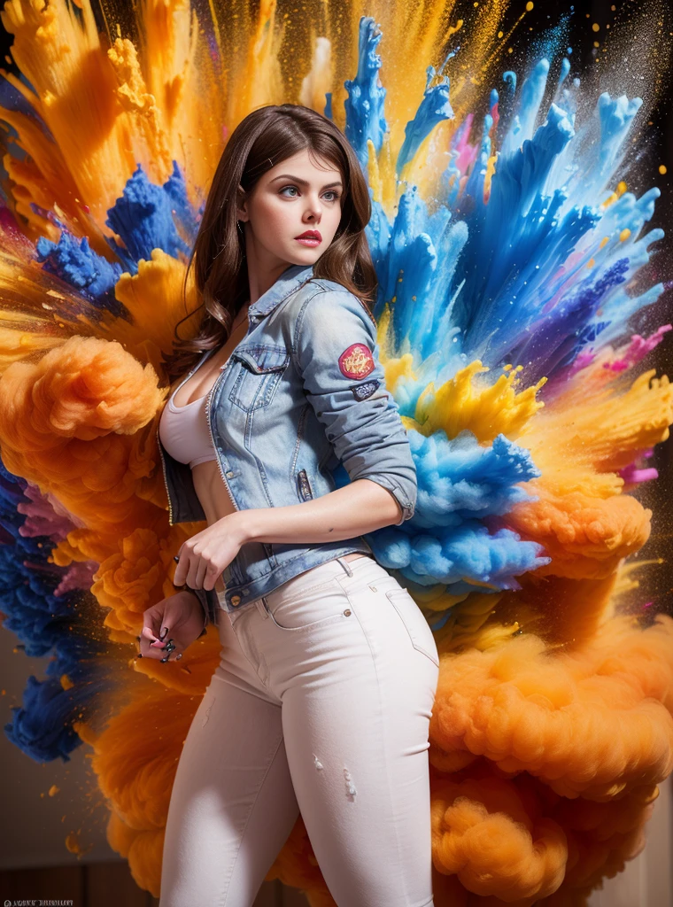 (((Alexandra Daddario, jeans jacket, white undershirt, Denim Jeans Pants, sexly, Masterpiece artwork, 4K,bigfaketits))), cowboy photo of a beautiful naked woman covered in body paint, Looking at Viewer, (body curvy:1.16), finely detailled, (Arabic themed body painting:1.4), thick-thighs, (Standing, Looking back:1.4), (paint splash background), fullcolor,paint splatter, (bright scene, smooth light, circunstanciado, high qualiy, best qualityer:1.4), Realistic,