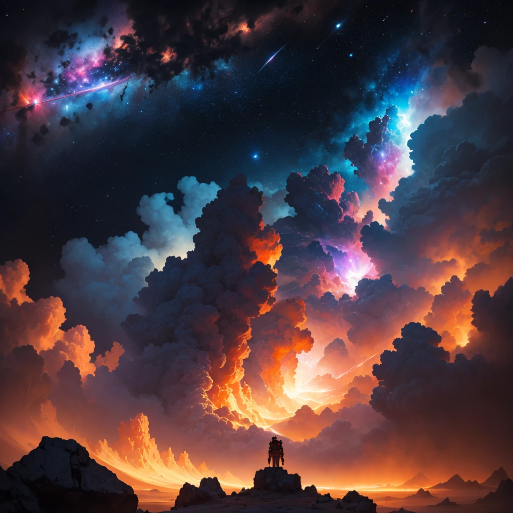 A lone astronaut in a spacesuit floats、A stunning detailed illustration of the Orion Nebula、Surreal、8K、High resolution、masterpiece、Cinematic lighting、Dramatic atmosphere、Glowing celestial bodies、Bright colors、Deep Universe、Nebula Cloud、Space Landscape、Awe-inspiring、Fascinating、Photorealistic、Intricate details、Stunning beauty、Breathtaking、Ultra-detailed